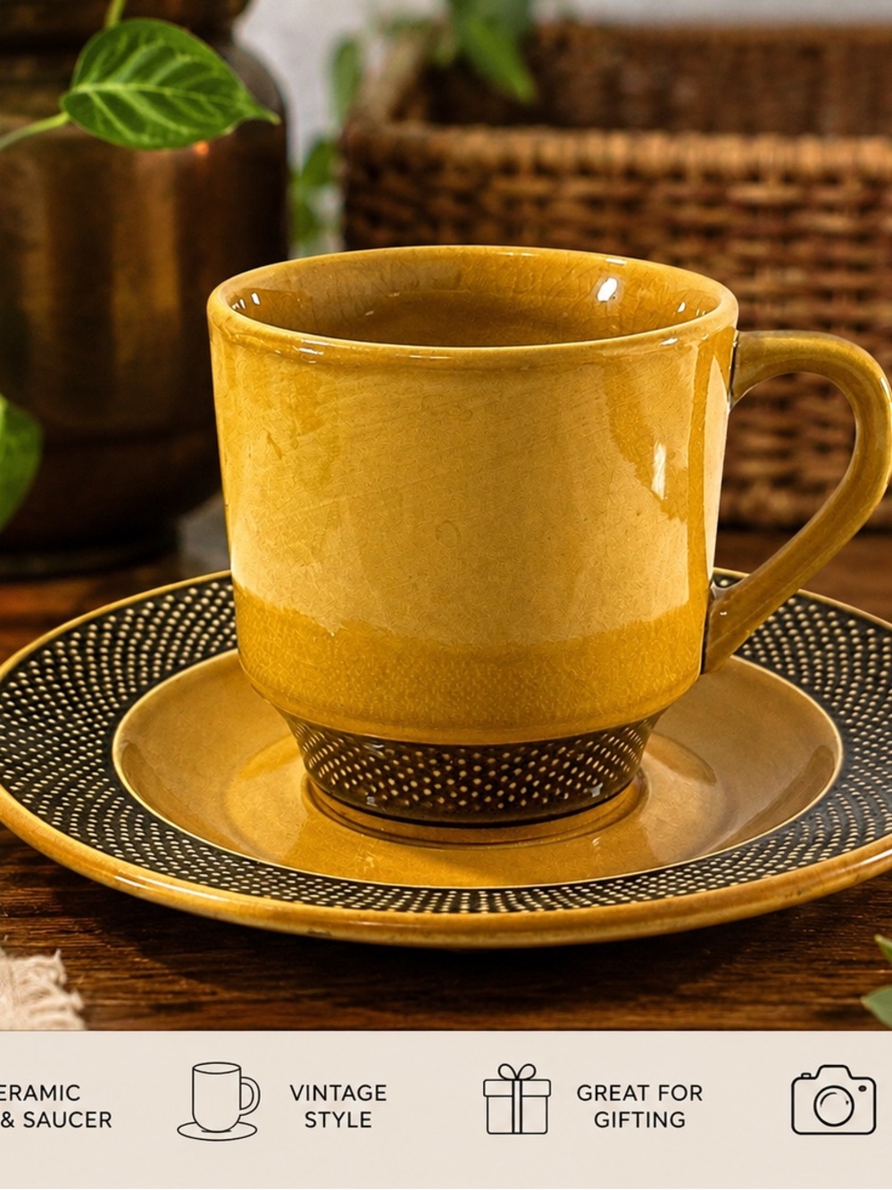 Mustard Cup & Saucer Mid Century Modern vintage Sears Ironwear Aurora